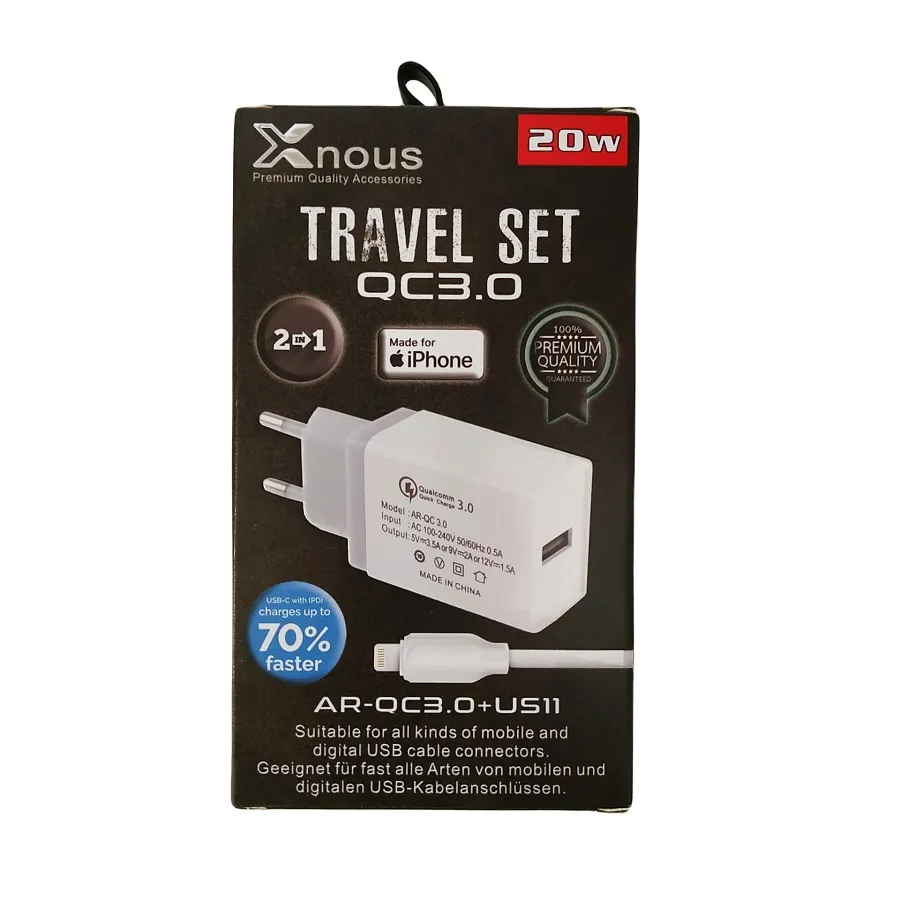 Travel Set Xnous 2 σε 1 Φορτιστής AR-QC 3.0 (18w) + Καλώδιο Lightning US11 (λευκό)